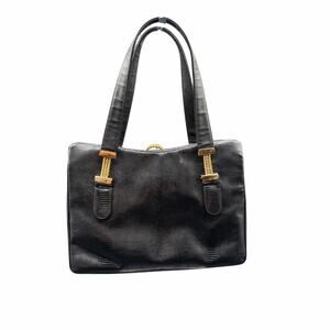 Vintage Prestige Black Lizard Embossed Leather Tote Bag Gold Rope Hardware